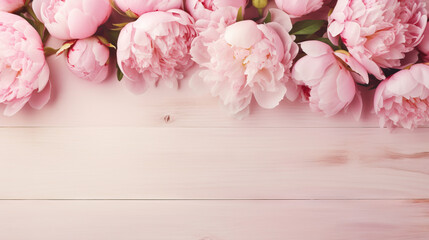  a bunch of pink peonies on a white wooden background.  generative ai - obrazy, fototapety, plakaty