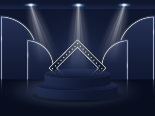 3d podium background with geometrical 3d shapes and spotlight free vector