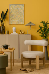 Warm and cozy living room interior with mock up poster frame, beige sideboard, stylish armchair, stylish sculpture, plants, wooden coffee table and personal accessories. Home decor. Template.