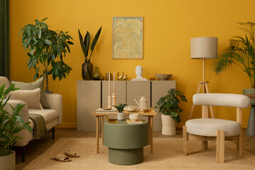 Creative living room interior with mock up poster frame, yellow wall, stylish armchair, green...