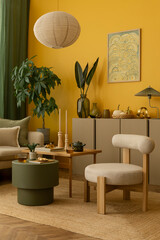 Interior design of yellow living room interior with mock up poster frame, beige sideboard, stylish armchair, green coffee table, plants in flowerpots and personal accessories. Home decor. Template.