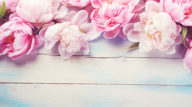  a bunch of pink flowers on a white wooden background with space for text.  generative ai
