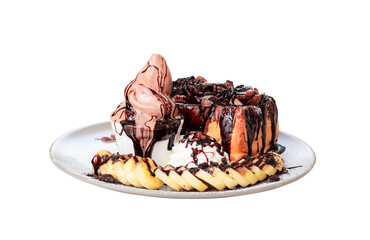 Chocolate toast, ice cream and toast with banana in a white plate isolated on transparent background, PNG File format