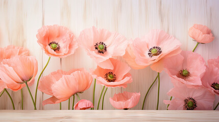  a bunch of pink flowers on a white wooden background with a wooden table.  generative ai