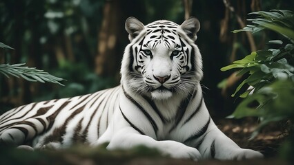 AI generated illustration of a white tiger lying down in the midst of a lush forest