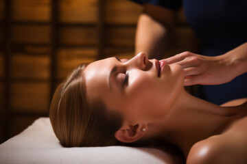 Obraz na płótnie Canvas Face massage. Close-up of pretty woman getting spa massage treatment at beauty spa salon. Spa skin and body care. Facial beauty treatment. Cosmetology.