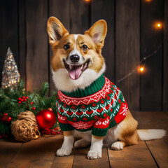 Dog Wearing Ugly Christmas Sweater.  Generated Image.  A digital rendering of a dog wearing an ugly Christmas sweater.