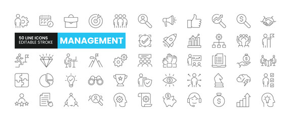 Fototapeta na wymiar Set of 50 Business Management line icons set. Business Management outline icons with editable stroke collection. Includes Team, Growth, Project, Vision, Managing and More. 