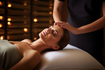 Cosmetologist making rejuvenating face procedures, manual relaxing rejuvenating facial massage for...