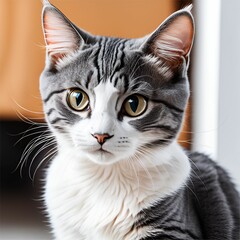 AI-generated illustration of A gray and white domestic cat is posed sitting near a door