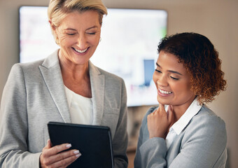 Tablet, training and review with business women or manager research, accounting advice and workflow management. Accountant boss, executive or corporate people support on digital finance software app