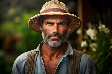 Generative AI picture of nature autumn farm colorful image attractive man farmer working in garden