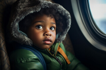 Little kid sitting inside plane first flight dreamy face looking illuminator Generative AI