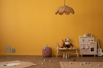 Warm and cozy composition of child room interior with copy space, children kitchen, braided bench,...