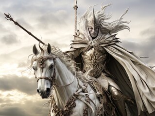 White horseman of apocalypse warrior in golden armor riding white horse AI