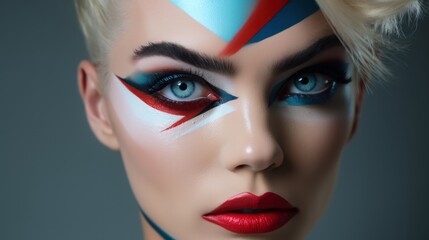 Portrait of a fashion model girl with extravagant colorful creative art makeup. Abstract makeup splash