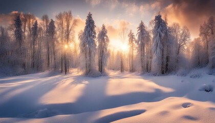 Scenic Winter Sunset: Sun Through Snow-Covered Forest Panorama