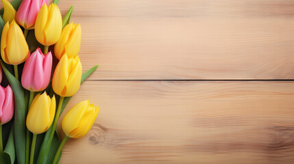 a bouquet of yellow and pink tulips on a wooden surface.  generative ai