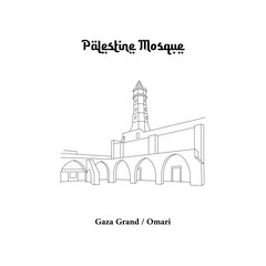 Vector design of the Gaza Grand Mosque or Omari Mosque in the city of Gaza. Palestine Mosque line art design isolated white background