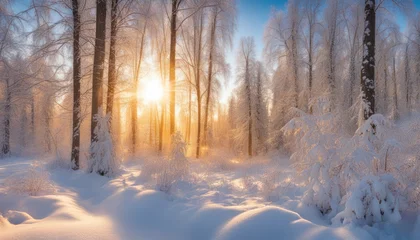 Foto auf Leinwand Scenic Winter Sunset: Sun Through Snow-Covered Forest Panorama © Abood