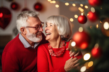 Portrait of happy smiling senior couple celebrating Christmas or New Year at home. Senior family...