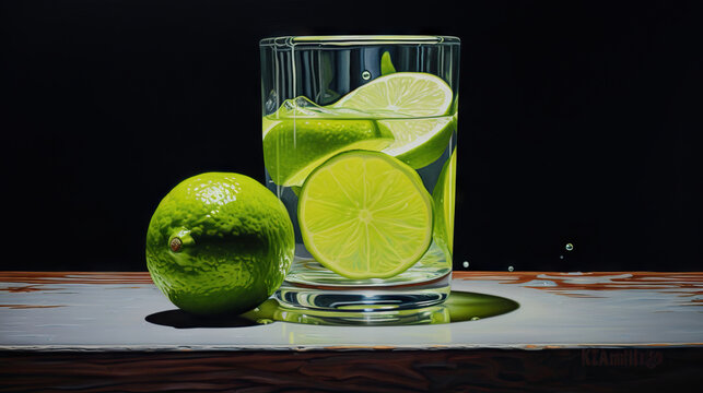 a painting of limes and a glass of water on a table.  generative ai