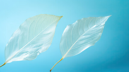  two large white leaves floating on a blue sky background with only one leaf visible.  generative ai