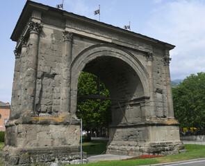 Fototapeta na wymiar The Arch of Augustus is a monument in the city of Aosta which was built in 25 BC. on the occasion of the victory of the Romans over the Salassi by Aulus Terenzio Varrone