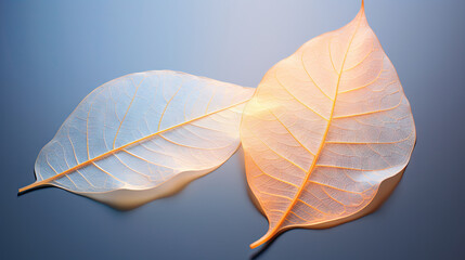  two white leaves on a blue surface with a light shining on them.  generative ai