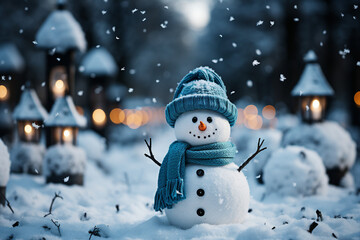 Fototapeta premium Created with generative ai technology image funny white snowman creation of family parents children playing in snow