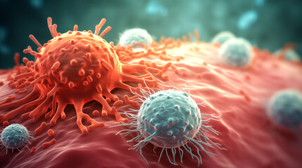 Macrophages attack cancer cells. Generative AI. - obrazy, fototapety, plakaty