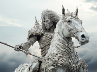 White horseman of apocalypse warrior in silver armor riding white horse AI