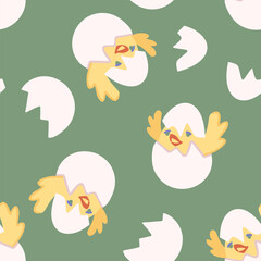 Chicken hatched from egg. Vector seamless pattern on green background.