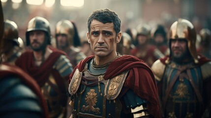 Julius Caesar. Roman soldiers. Photorealist historic scene