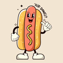Hot Dog cartoon groovy character. Vector illustration.