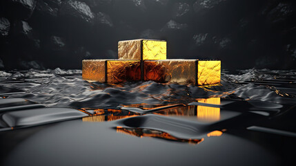  a golden block sitting in the middle of a body of water.  generative ai