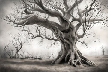 A detailed pencil sketch of an old, weathered tree in a forgotten graveyard
