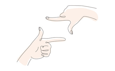 手のラインアート　写真を撮るポーズ(自分から見た手)