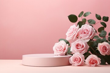 Blank podium with pink roses on pink background. Showcase for product, perfume, jewelry and cosmetic presentation. generative ai.