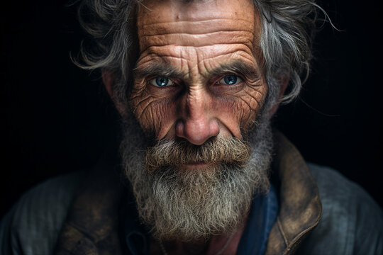 Close up photography of old poor homeless man with a sad look on his face generative ai image