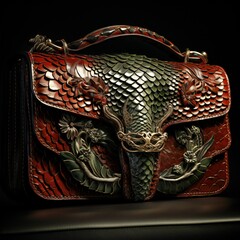 A stylish handbag featuring intricate pieces of genuine leather and a detailed dragon design