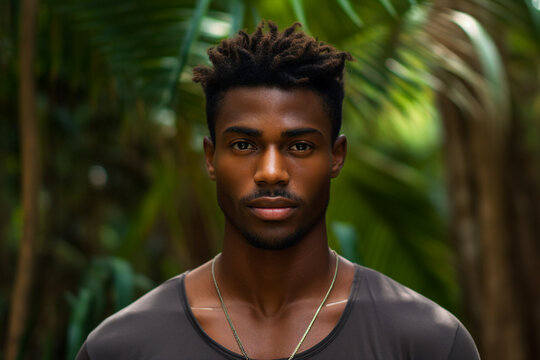 Photography of handsome nice man traveling in tropical island green rainforest generative AI