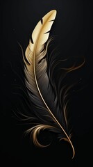 AI generated illustration of a black and gold feather with shimmering golden highlights
