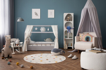  Interior design of cozy child room interior with bed, stylish rack, armchair, blue wall, round rug, colorful toys, guitar, books, mock up paintings and personal accessories. Home decor. Template. - obrazy, fototapety, plakaty
