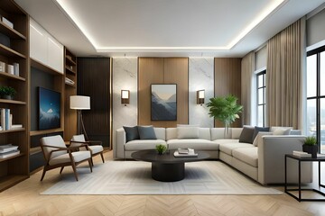 Fototapeta premium AI generated illustration of a contemporary living room with a comfortable sofa