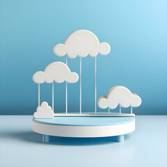 Studio background with realistic podium spotlight. Vector sun and cloud on blue sky. 3d render wether icon on blue sky background. empty space for kids or baby product.