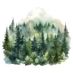Green Mountains with forest trees in fog. Hand drawn watercolor misty lake and woods landscape. Green watercolor landscape with lake and pine trees.