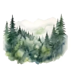 Fototapeten Green Mountains with forest trees in fog. Hand drawn watercolor misty lake and woods landscape. Green watercolor landscape with lake and pine trees. © SandyHappy