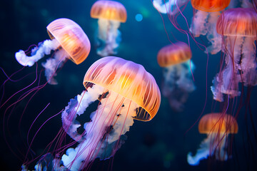jelly fish in the water, Portrait of jellyfish macro Light, swimming colorful in blue sea ocean depth.