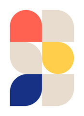 Trendy bauhaus pattern poster. Vector geometric color shapes in blue, beige, yellow and red colors. Simple abstract modern design elements. Fashion retro print for greeting card, web design
